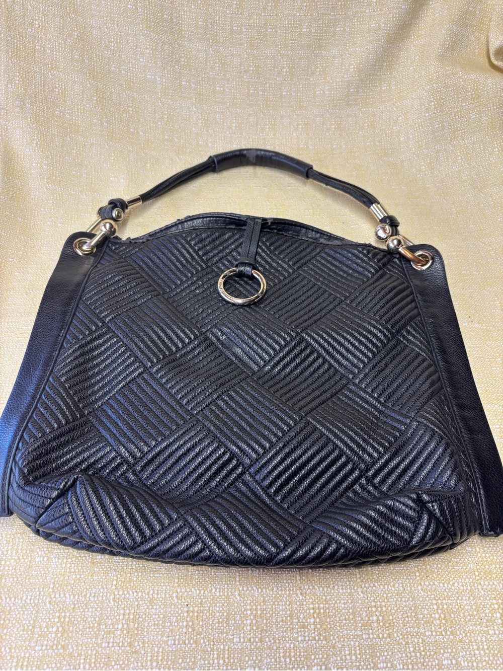 BCBGMaxAzria Black Quilted Shoulder Bag with Gold Ring